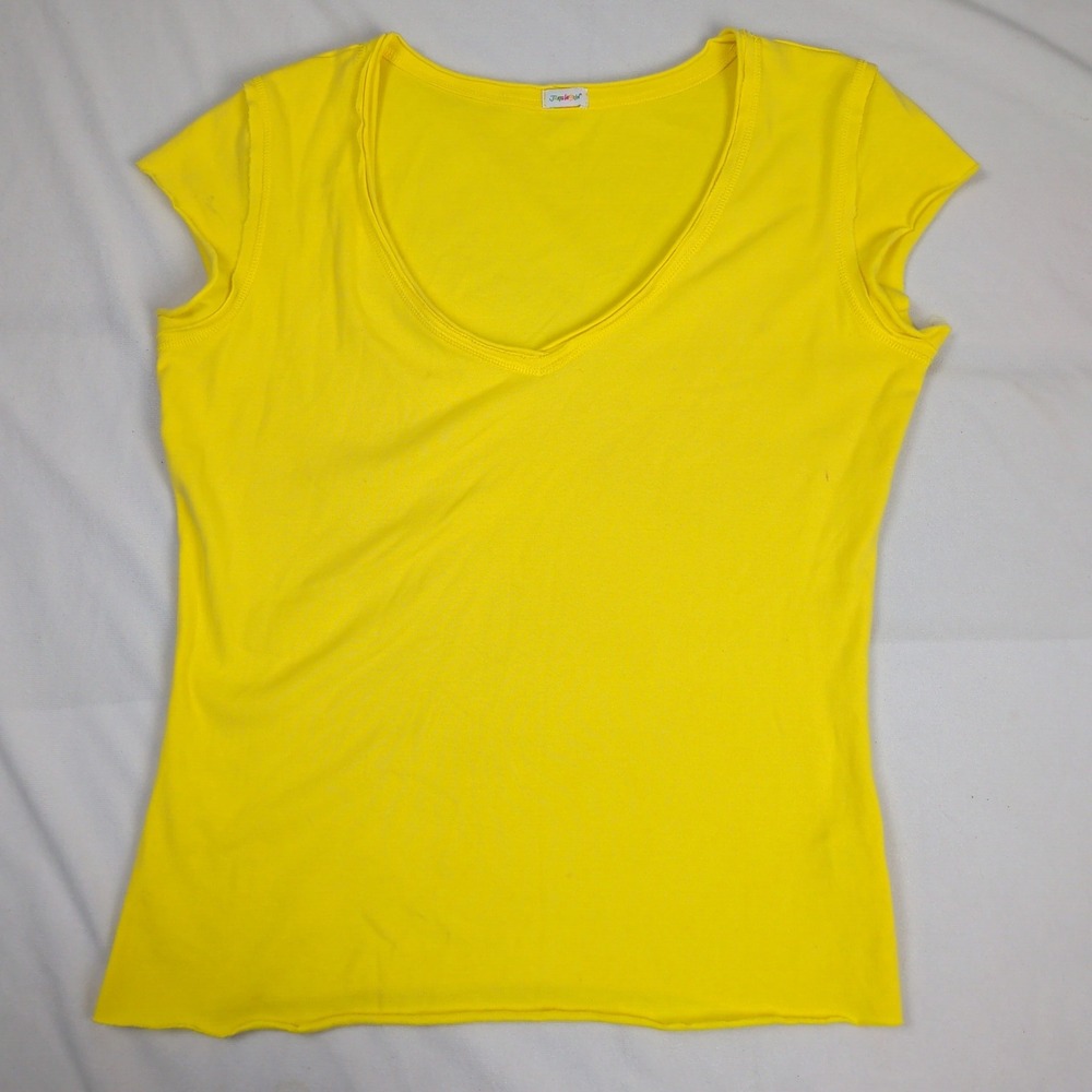 Jams World Womens Yellow V-Neck Raw Hem Short Sleeve Top Size Large USA Made